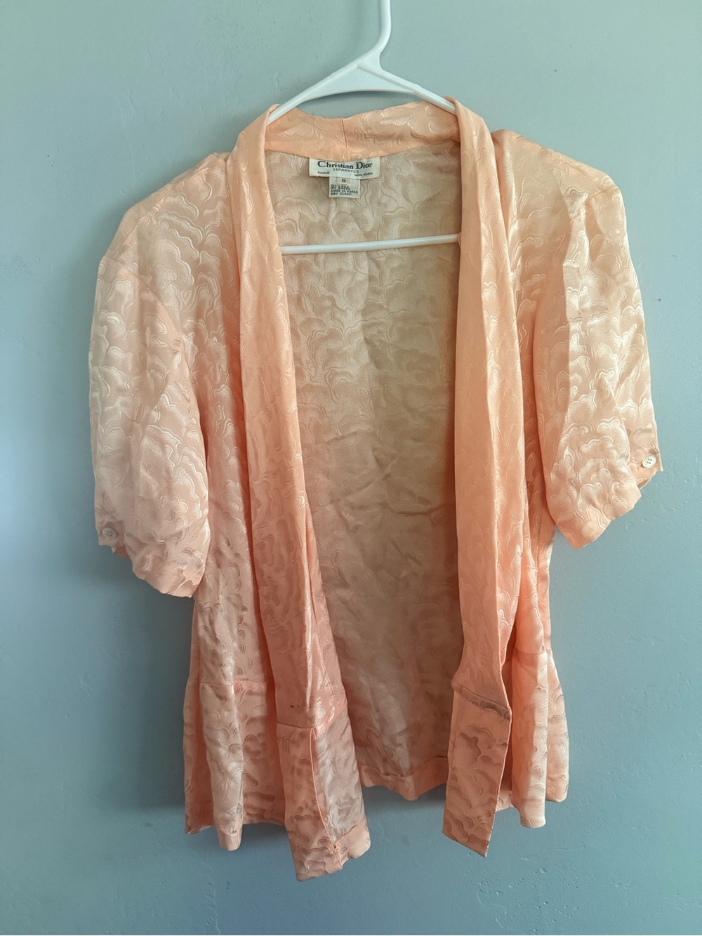 Cristian Dior Peach Open-Front Short Sleeve blouse 100% silk